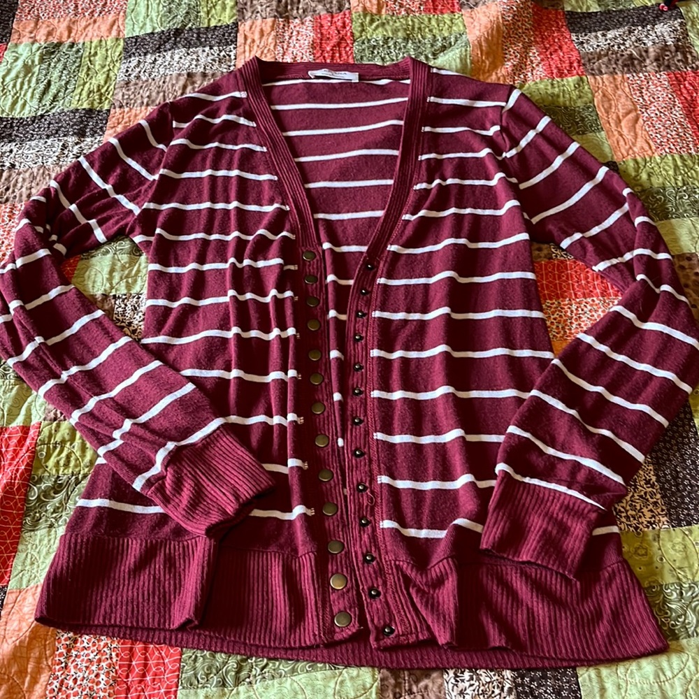 Zenana striped cardigan maroon and white